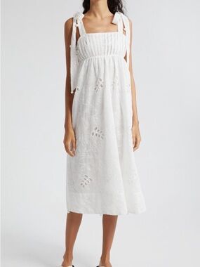 NWOT FARM Rio Eyelet Embroidered Midi Dress White Tie Shoulder Straps Size XL